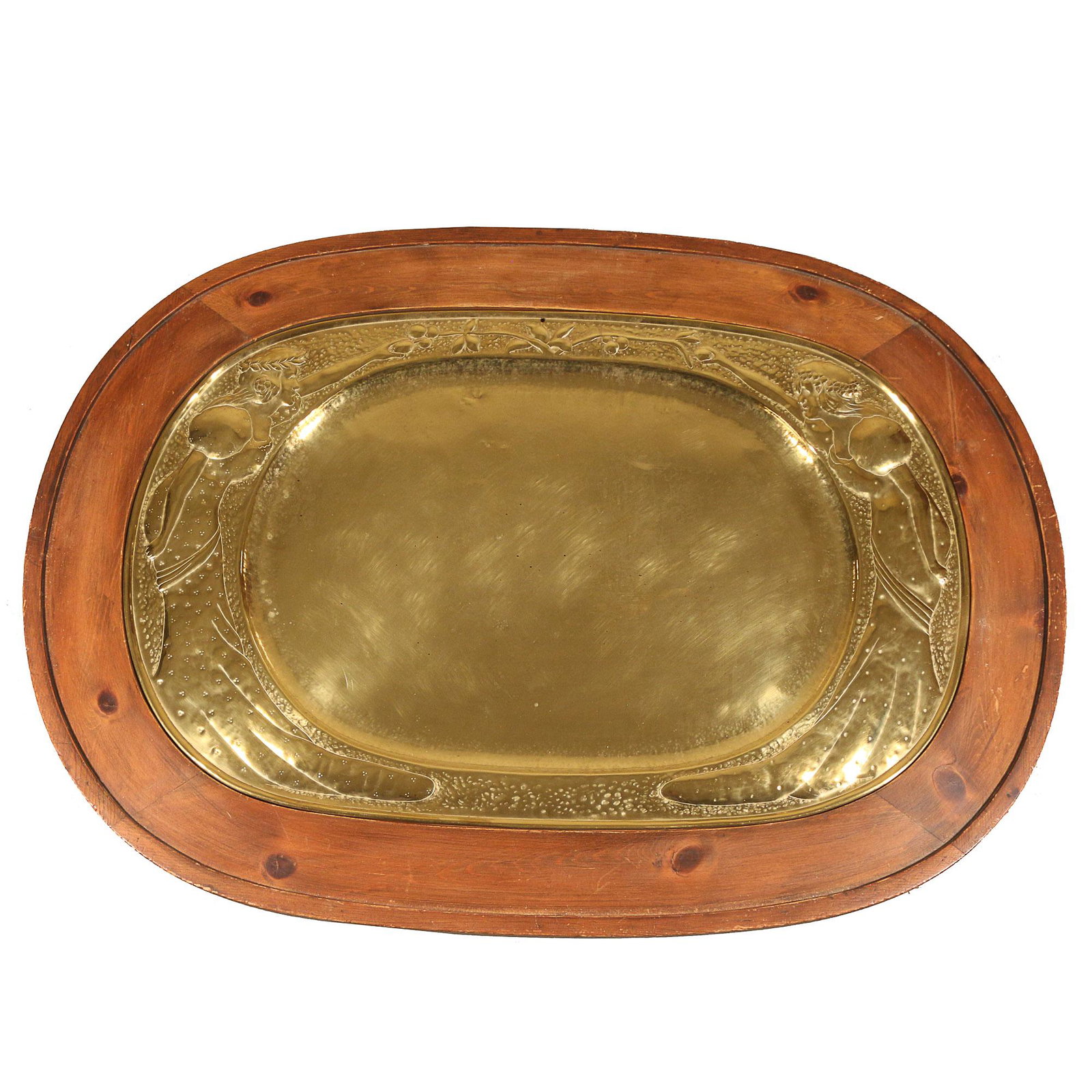 ART NOUVEAU STYLE BRASS TRAY LOW TABLE: brass tray embossed in high relief;with custom stand with plaque reading "restored by Ernest K. Oppenheimer, 1138 First Ave. Newyk, NY h. 33 w. 22 in. (tray) overall: h. 18-1/2 x 42 x 30-1/2 in. Prove