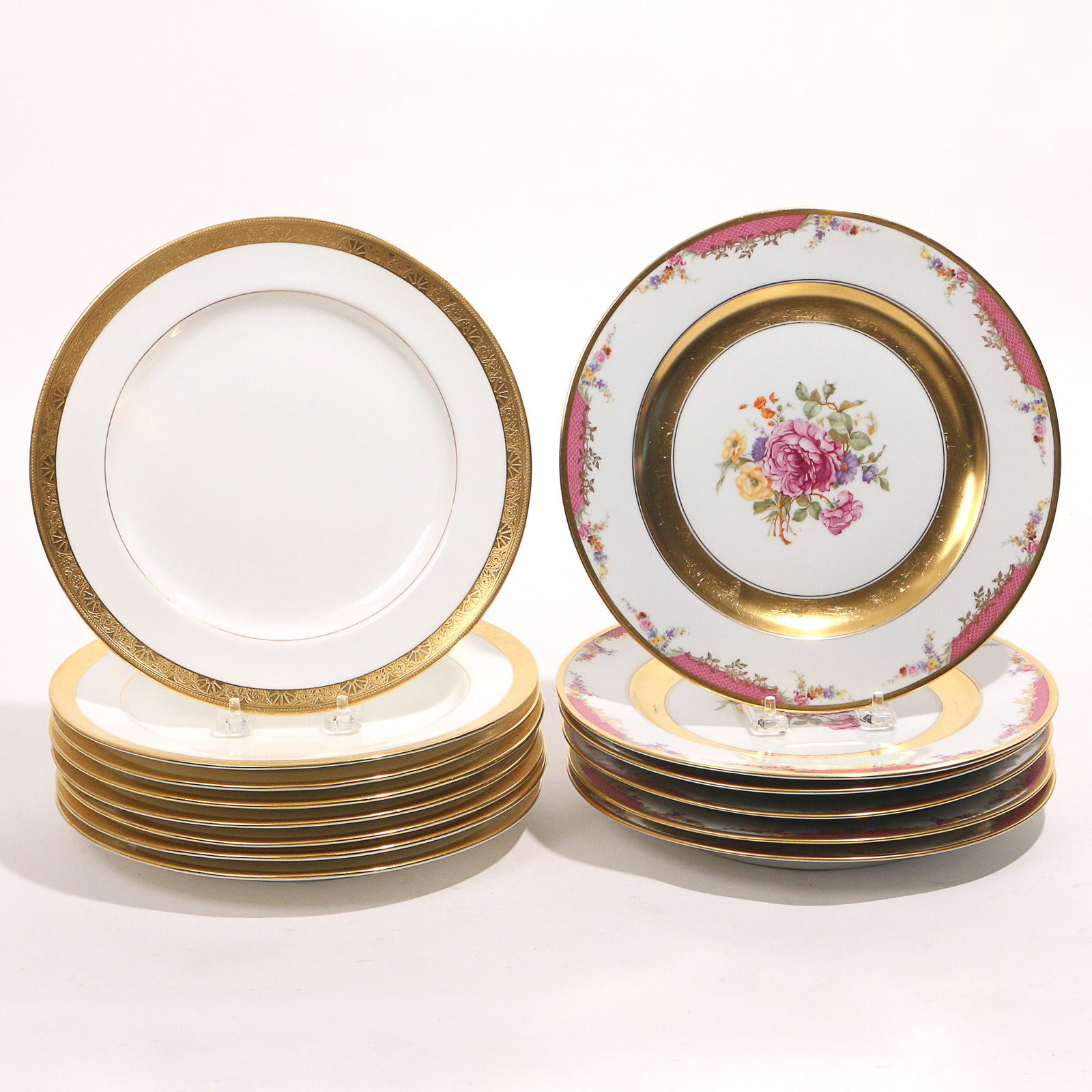 (14pc) TIFFANY & ROSENTHAL PLATES: including 8 plates by Minton for Tiffany & Co., with inner and outer gold trims; plus 6 Rosenthal plates in 'Queens Rose' pattern dia. 10-1/4 in. (each) Provenance:items descended through the families