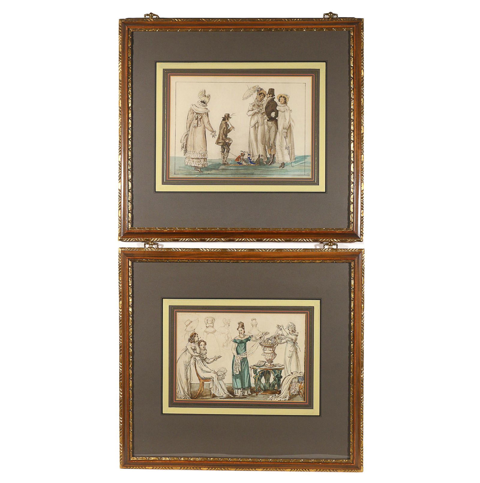 (2pc) EARLY 19th CENTURY WATERCOLORS: watercolor on paper h. 7 w. 10 in., sight overall: 17 x 18-3/4 in. figural fashion scenes, apparently unsigned, verso with Old Print Shop label Provenance:The estate of a Hartsdale, NY lady
