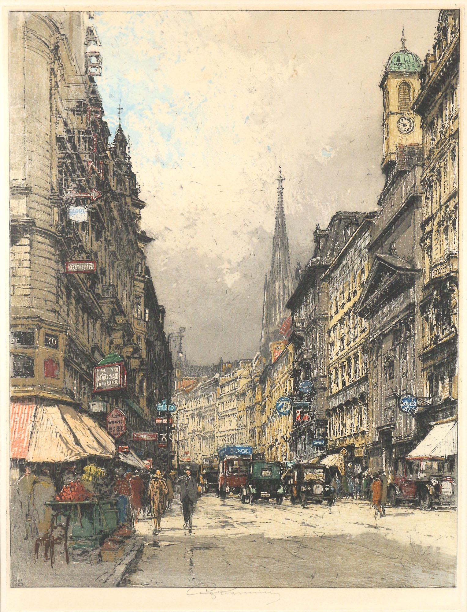 LUIGI KASIMIR (Slovenian/Austrian, 1881-1962): Vienna, Kaerntner Street lithograph in colors h. 21 w. 16 in., sight overall: 31 x 25 in., framed Pencil signed lower center, dated 1928 in the plate lower left Provenance:Private collection, New Cana