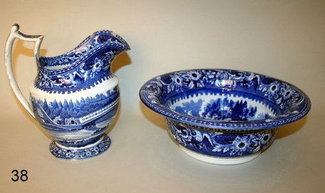 38) HISTORICAL STAFFORDSHIRE BLUE PITCHER & BOWL, "UPP