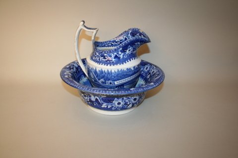 38) HISTORICAL STAFFORDSHIRE BLUE PITCHER & BOWL, "UPP - 2