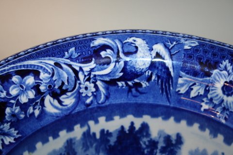 38) HISTORICAL STAFFORDSHIRE BLUE PITCHER & BOWL, "UPP - 7