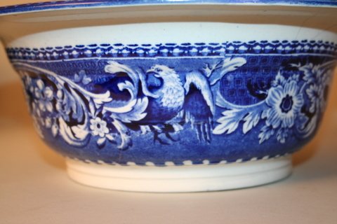 38) HISTORICAL STAFFORDSHIRE BLUE PITCHER & BOWL, "UPP - 8
