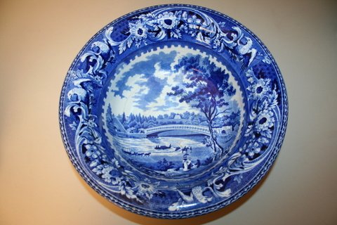 38) HISTORICAL STAFFORDSHIRE BLUE PITCHER & BOWL, "UPP - 9