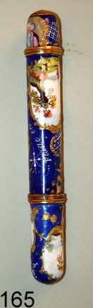 165) 19TH C. ENAMELED ETUI W/TRAVEL VIGNETTES, READS: : THIMBLE OVER COLOGNE W/STOPPER, OTHER END CASE, H. 5", ENAMEL CHIPS