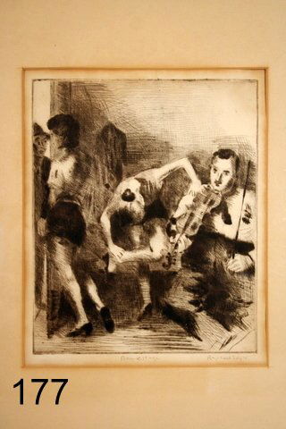 177) RAPHAEL SOYER LITHOGRAPH "BACK STAGE", PENCIL SGD.: CREASE INTO SUBJECT, SIGHT 9" X 7 1/2", APPEARS NOT TO BE LAID DOWN, NOT EXAMINED OUT OF FRAME
