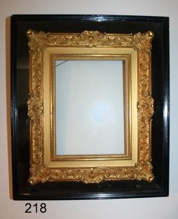 218) VICTORIAN SHADOW BOX GILT COMPOSITION FRAME,: FRAME INSET: 5 1/2 X 7 1/2", OUTSIDE FRAME: 12 X 9 1/2" GILT FRAME IS IN EXCELLENT CONDITION, WITH A GREAT COLOR TO THE GILT. THE ONLY FLAW WOULD BE SOME SLIGHT WEAR/MAR TO THE TOP CENTER OF THE FLAT 