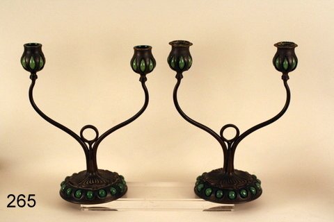 265) PAIR TIFFANY STUDIOS BRONZE & GREEN GLASS 2-LITE C: 1-MISSING 2- BOBECHE INSERTS, H. 12 1/2", W.9 1/2"