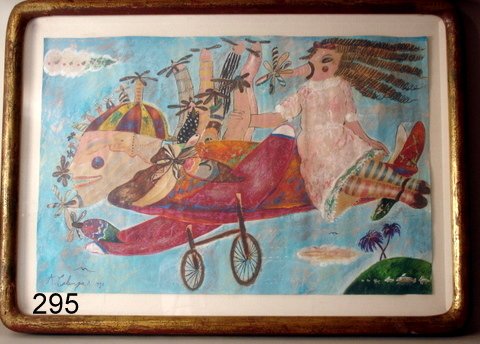 295) ALEJANDRO COLUNGA ( B. 1948--) MIXED MEDIA ON PAPE: AIRPLANE W/ANTHROPOMORPHIC CHARACTERISTIC, 24 X 36" (SIZE OF SHEET), 31 X 43" (SIZE OF FRAME)