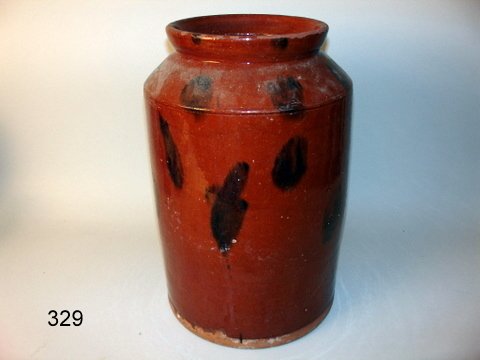 329) LARGE 19TH C. REDWARE STORAGE JAR W/MANGANESE SPLO