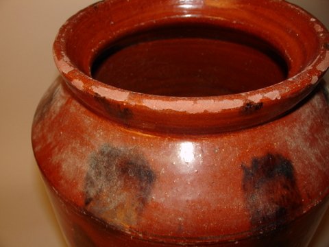 329) LARGE 19TH C. REDWARE STORAGE JAR W/MANGANESE SPLO - 2