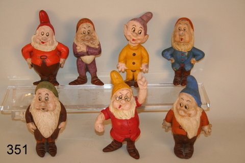 351) SET OF 7 WALT DISNEY COMPOSITION DWARFS: MARKED "WALT DISNEY;" MADE IN AKRON OHIO, H. 6"