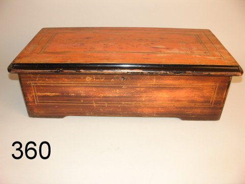 360) CYLINDER MUSIC BOX W/INLAY: COND.: 1-DMGD. TOOTH & HANDLE NOT ATTACHED, CASE MARRED, H. 7", L. 17 1/4", D. 8 1/2", CYL. L. 6"