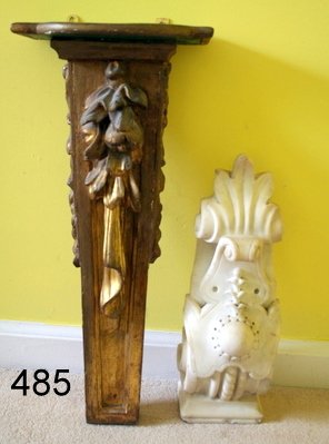 485) 2 CORBELS: 1 CARVED MARBLE, H.16" & 1 CARVED & GIL