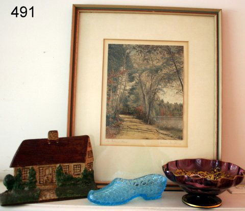 491) 4 PC. GROUP: DOOR STOP OF HOUSE; BLUE GLASS SHOE, : W/GILT DECORATION; WALLACE NUTTING PRINT