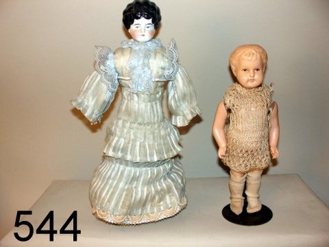 544) 2 DOLLS: CELLULOID DOLL MKD. SCHULTZ-MACK PLUS CHI: 9 1/2"H., CHINA HEAD 12 1/2" H.