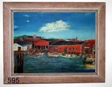 595) 2 ISLAND LANDSCAPES--OIL ON BOARD: PRIMITIVE PAINTING OF GLOUSTER SIGNED T.E.W. 11.75" X 15.5"; CARRIBEAN PAINTING 20" X 15"