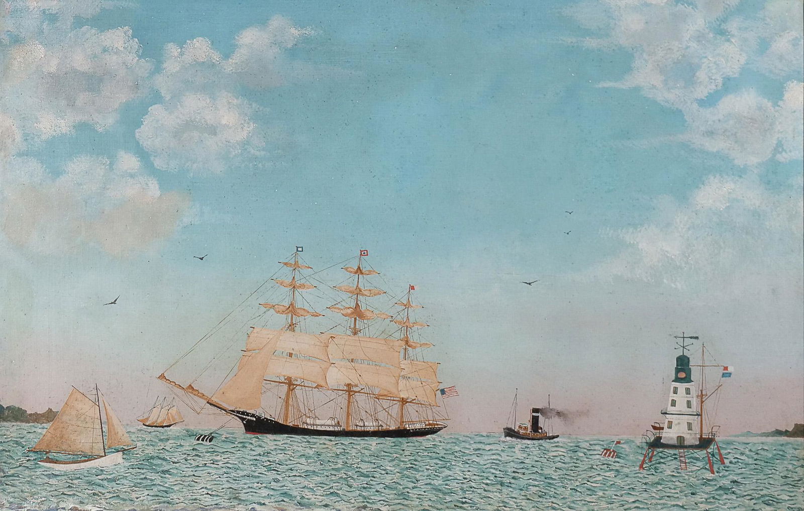 AMERICAN FOLK ART SCHOOL, 19th Century: Extensive harborscape oil on canvas Showing ships with sails raised, signed lower right, "W. H. Connolly"; with ADS canvas stretcher corner keys h. 20-3/4 w. 32 in. overall: 26-1/2 / 37-1/2 in. (frame