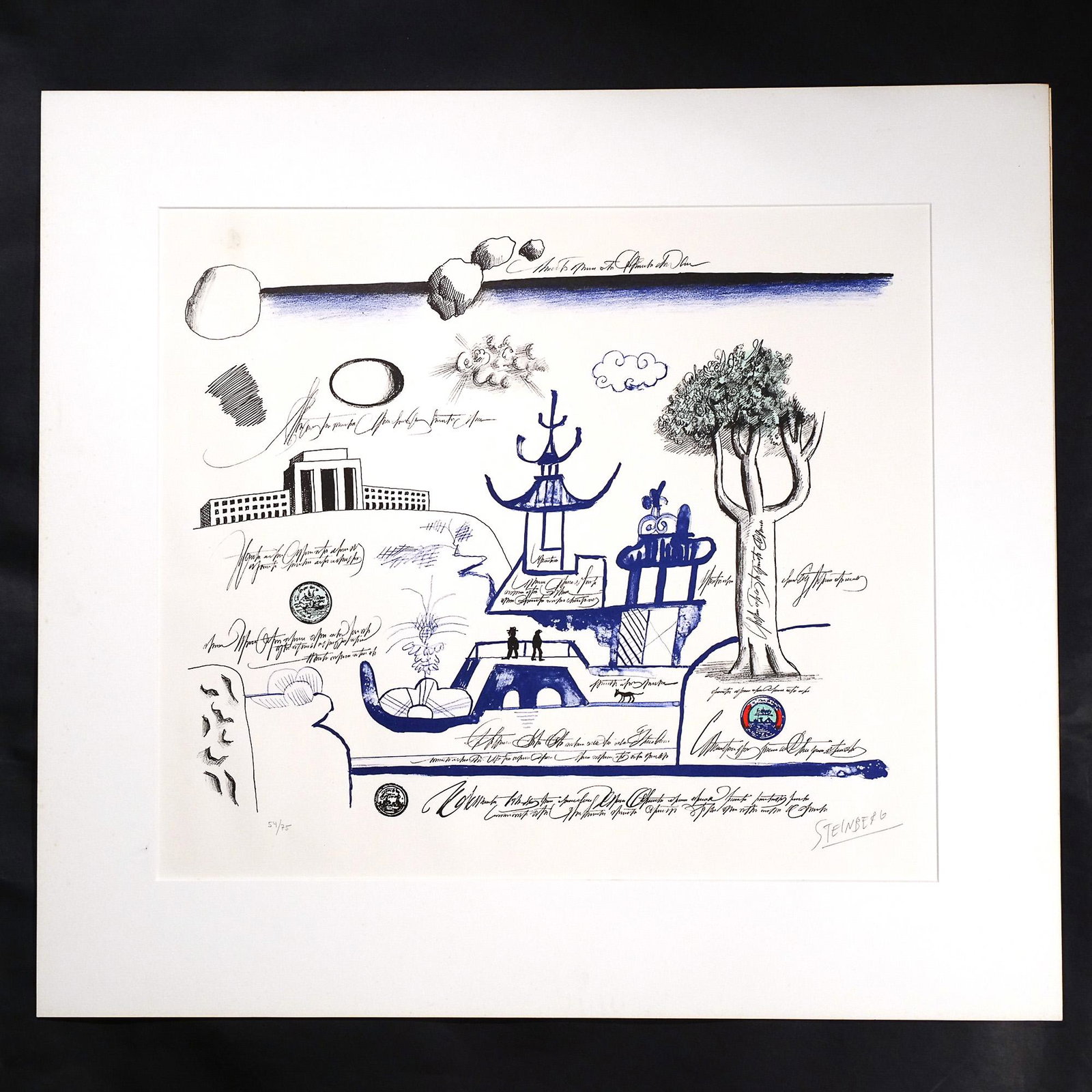 SAUL STEINBERG (American, 1914-1999): Georgetown Lithograph in colors Ed. 54/75, signed and numbered lower margin, sheet cut to 23-3/8 x 30 in., matted but unframed h. 20 w. 23 in. (sight) overall: 27-1/2 x 30 in. (mat) Provenance: From a