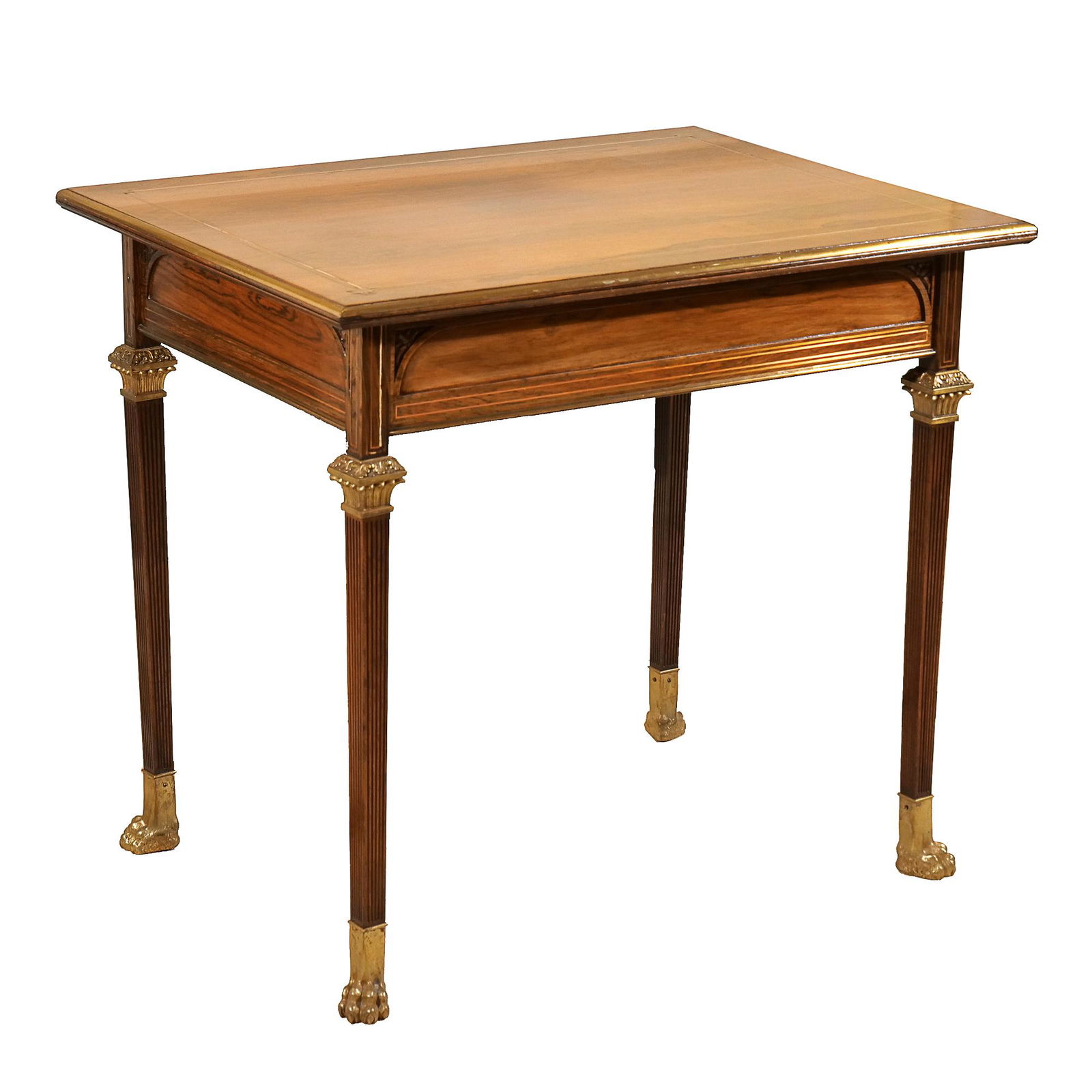 BRASS INLAY SIDE TABLE: Having a single drawer with carved decoration to the corners over fluted legs terminating in brass claw feet h. 28-1/2 w. 32 d. 24 in. Provenance: Private Collection, Purchase, NY Limited Preview: Ple