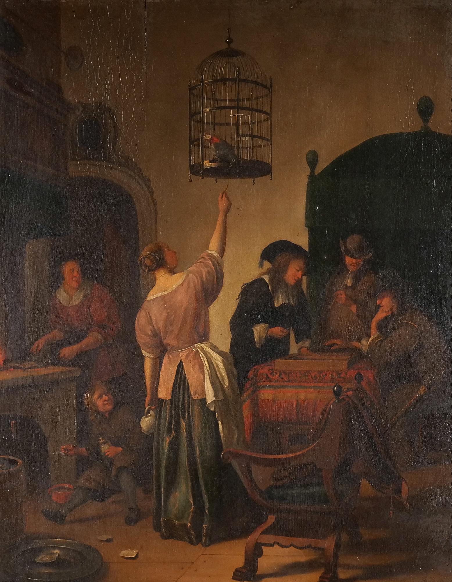 Circle of JAN STEEN (Dutch, 1626-1679): Interior scene Oil on board Ecole Hollandaise [Dutch School] genre painting showing figures in a room, including three men by a table, a woman feeding a parrot in a cage, a child on the floor feeding