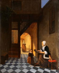 Manner of PIETER de HOOCH (1629-1688): Interior with figures Oil on panel Showing a courtyard with woman and child beside a dog, with a figure in the background; with old paper labels on verso h. 20-1/4 w. 16-1/8 in. overall: 26 x 22-1/4 i