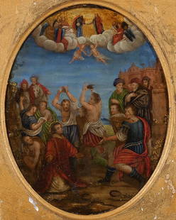 Manner of ADAM ELSHEIMER (1578-1620): The Stoning of Saint Stephen Oil and shell gold on copper With old paper on verso reading, "The Stoning of St. Stephen / Oil painting on Copper / Italian School.", in an early ebonized frame with gilt