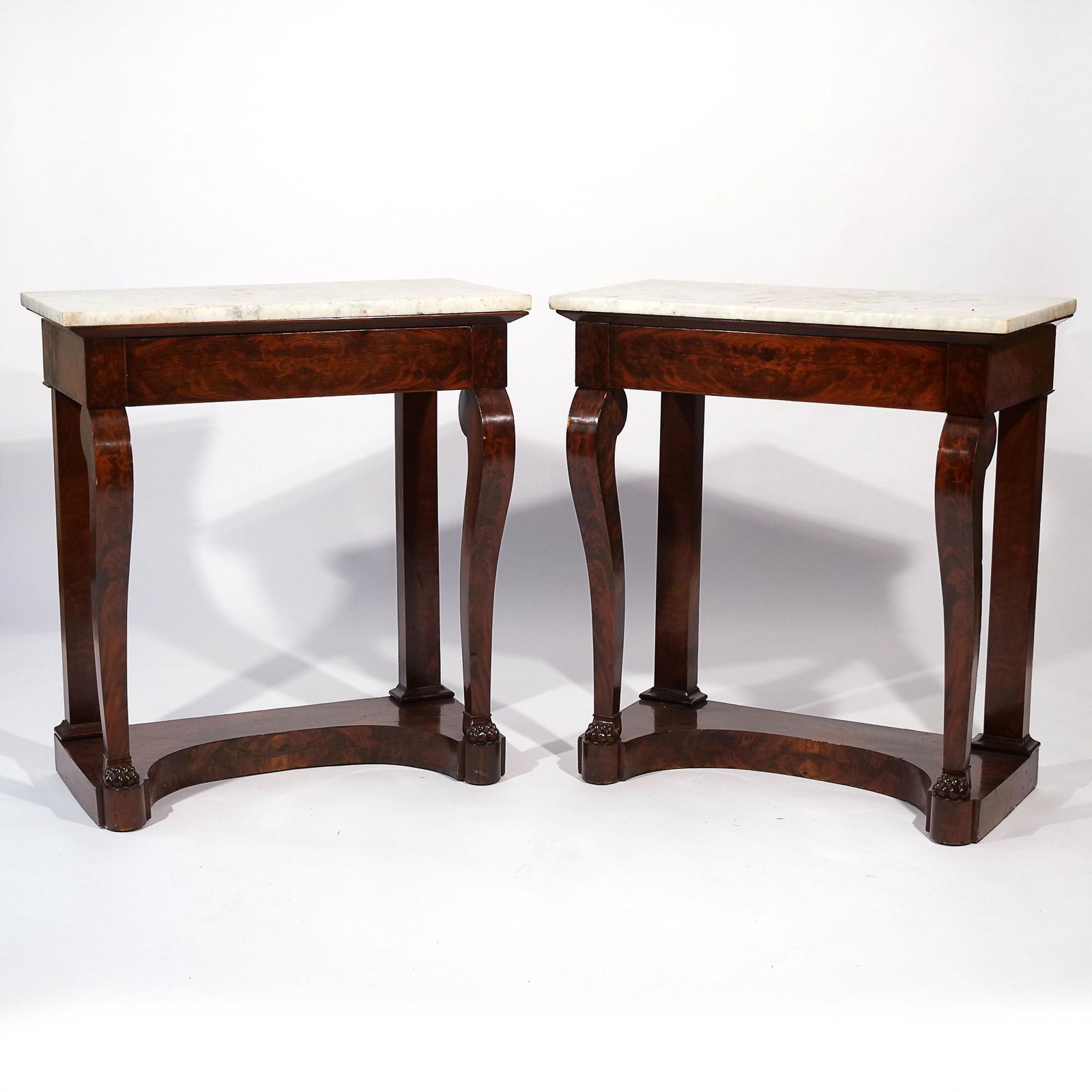 PAIR CLASSICAL AMERICAN PIER TABLES of SMALL SIZE: Duncan Phyfe School, original marble tops, the front legs terminating in claw feet h. 34-1/2 w. 32 d. 16 in. Provenance: Private collection, Purchase, NY Limited Preview: Please note that this auction