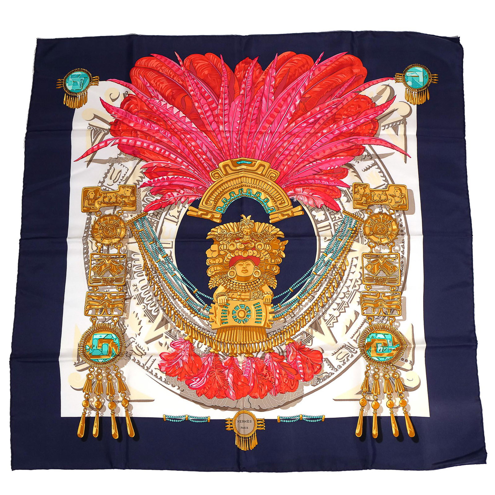 HERMES SILK SCARF: 100% silk Hermes scarf with a Mayan or Aztec style design, having a central figure with pink feathers overhead, with turquoise color accents throughout h. 34 w. 34 in. Limited Preview: Please note tha