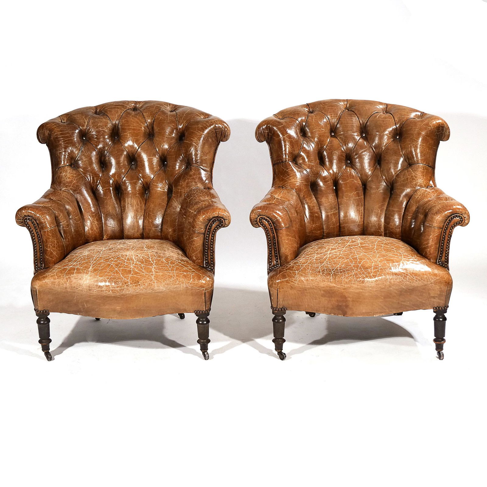 PAIR 19th CENTURY TUFTED LEATHER LIBRARY CHAIRS (1 of 10)