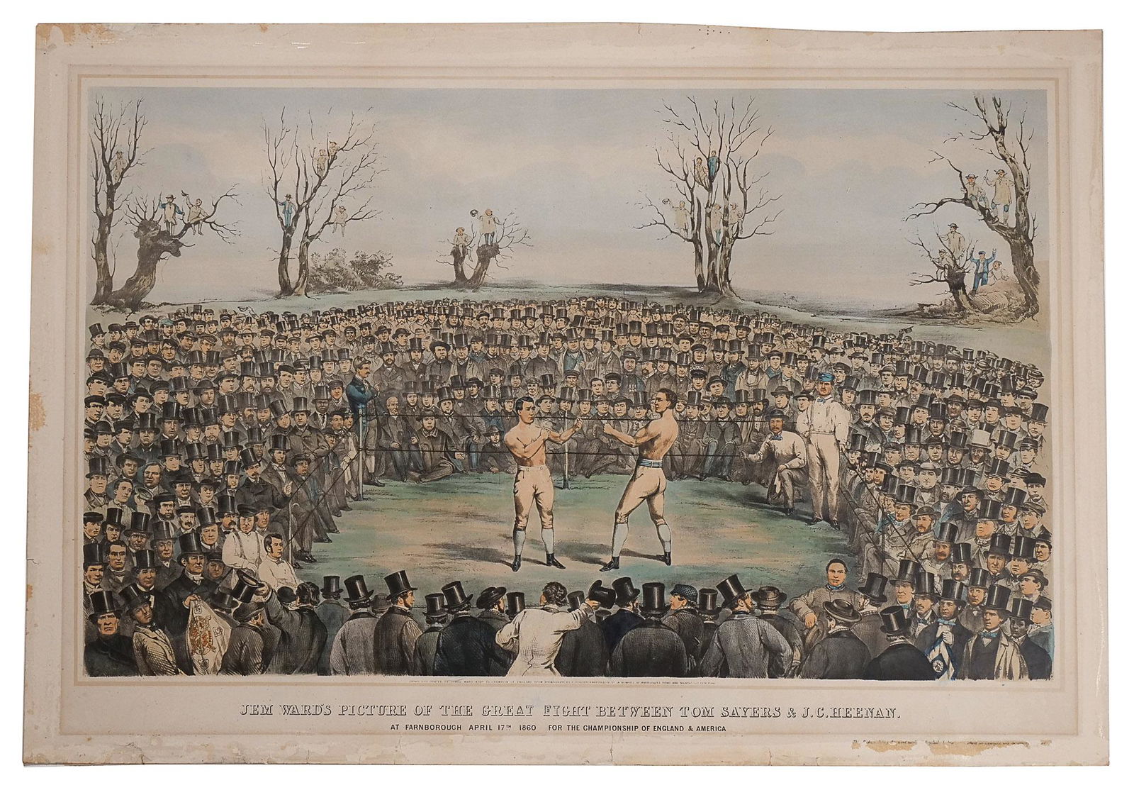 AFTER JAMES WARD: The Great Fight between Sayers & Heenan Lithograph with hand coloring 'Jem Ward's Picture of the Great Fight between Tom Sayers and J.C. Heenan. At Farnborough April 17th 1860 for the Championship of