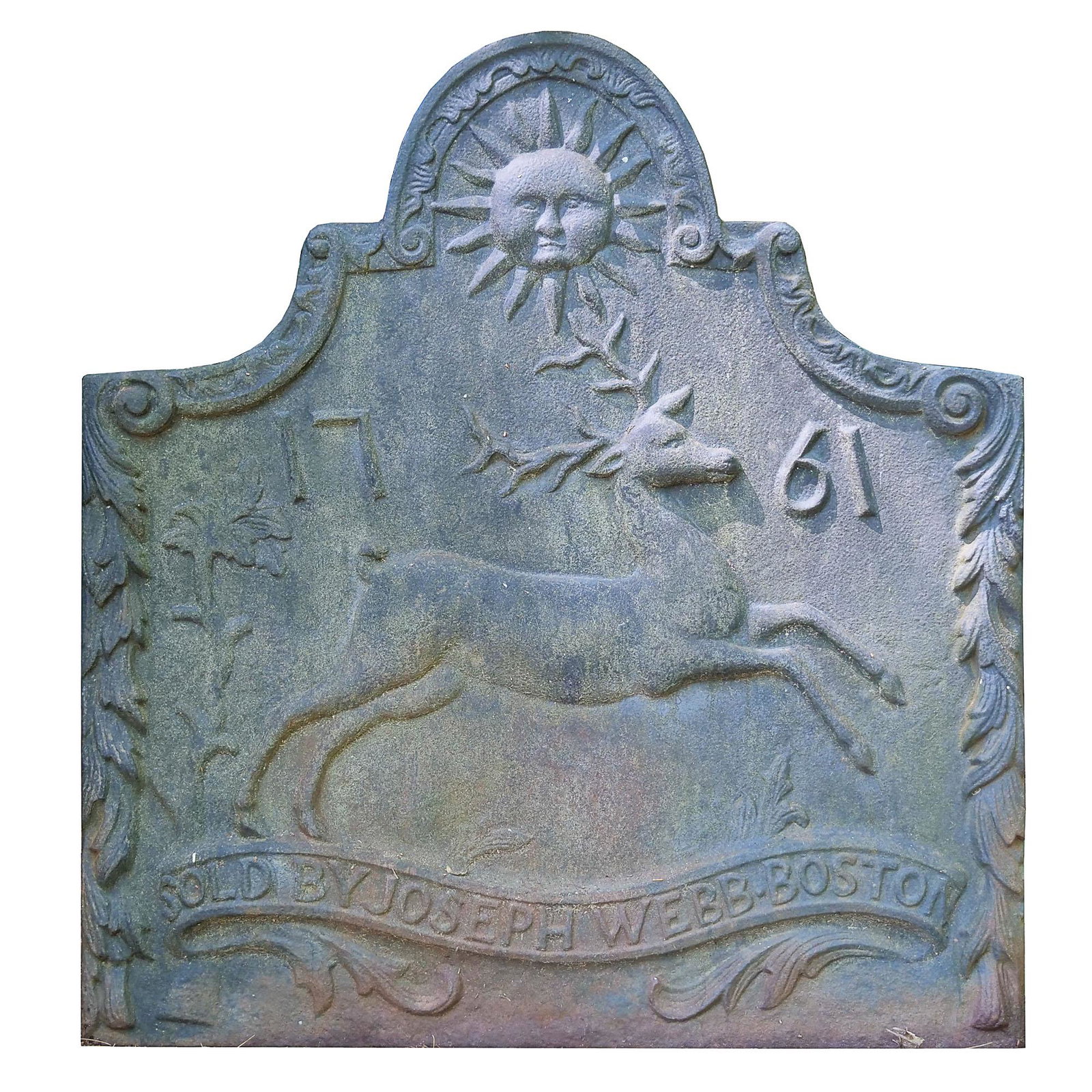 WINTERTHUR FIREPLACE BACK: Showing a prancing deer over a banner, "SOLD BY JOSEPH WEBB BOSTON", with date 1761, stamped on the back, "Museum Reproduction" h. 28-1/2 w. 27 in. Provenance: Private collection, Stamford, CT Limited
