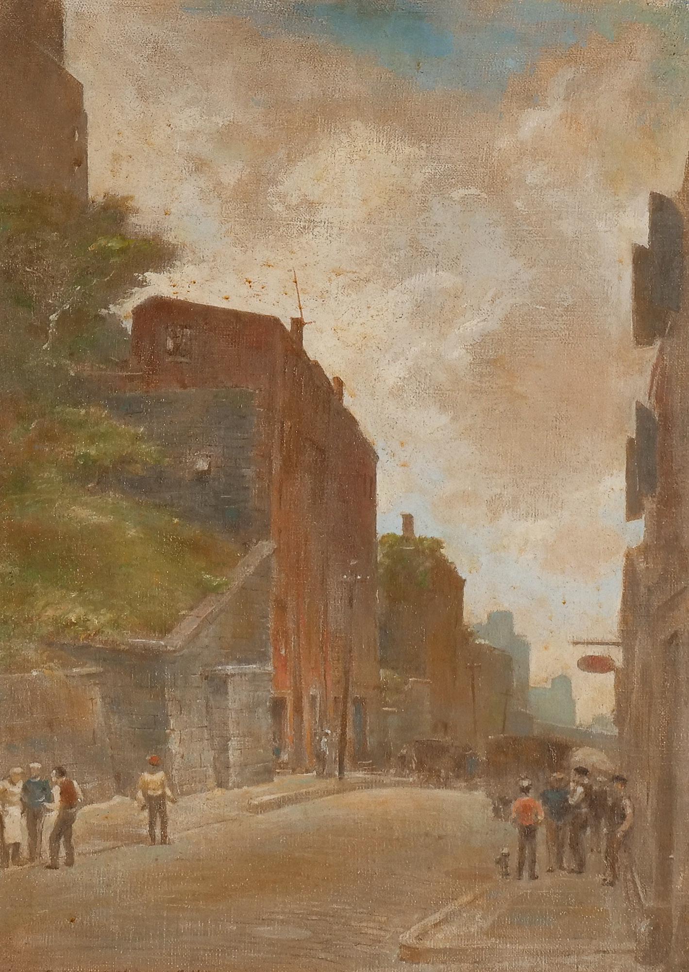 CHARLES WHEELER LOCKE (American, 1899-1983): Furman Street, Brooklyn, 1943 Oil on canvas board Signed and dated lower left, showing figures standing in the road h. 16 w. 12 in. overall: 21-1/2 x 17-1/4 in. (frame) Provenance: Kraushaar Galleries