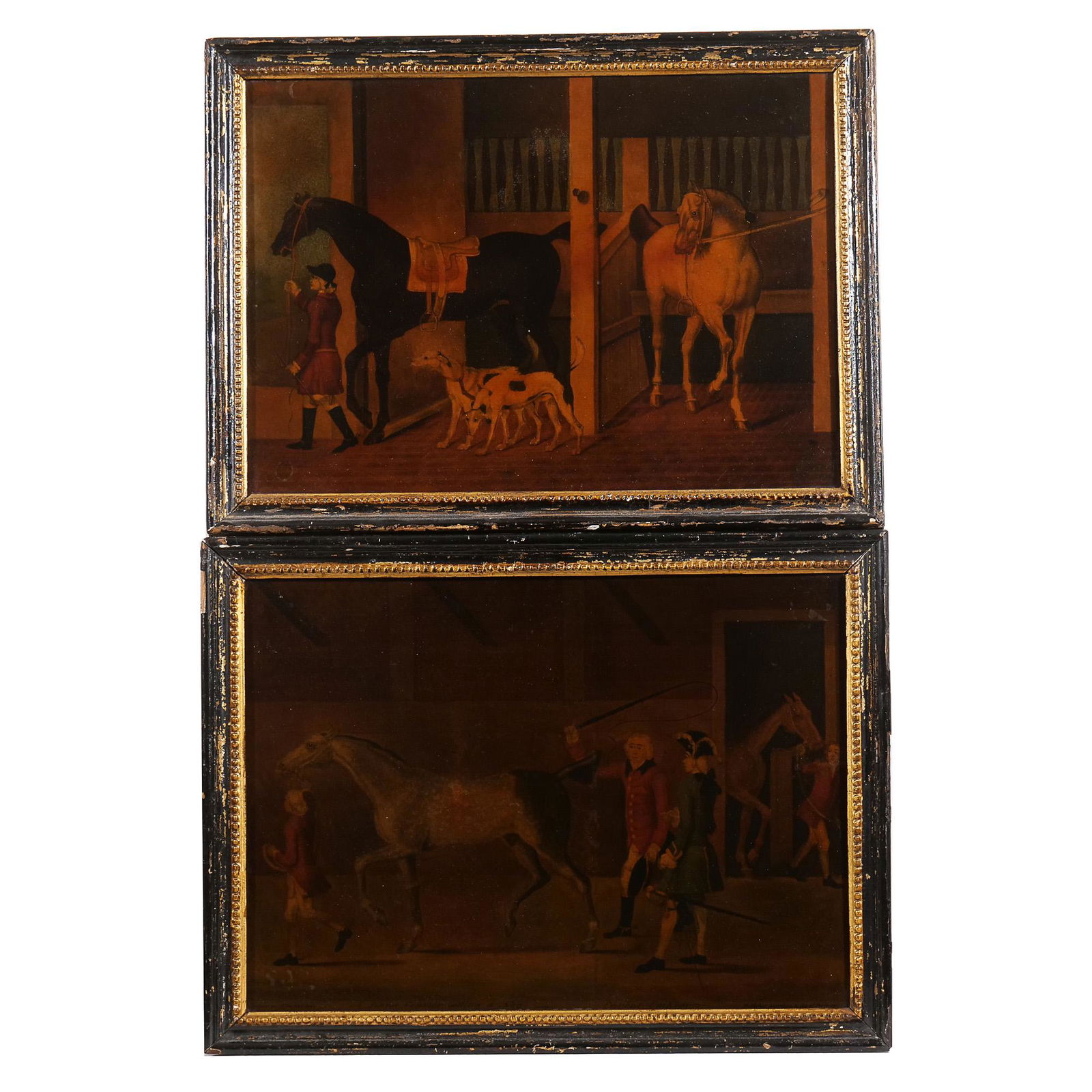 PAIR 18th CENTURY COLOURED ENGRAVINGS on GLASS (1 of 8)