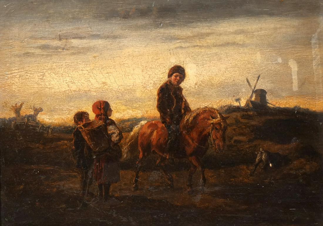 DUTCH SCHOOL, 19th Century: Landscape with figure on horseback oil on board no apparent signature, inscribed indisinctly on verso, as well as 'MAYER' in a later hand, framed h. 6-1/8 w. 8-1/2 in. overall: 8-3/4 x 11-1/4 in. (fra