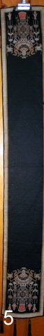 5) CHINESE EMBROIDERED ALTAR TABLE SCARF W/TASSLE ENDS,: 77" X 11 1/2", COND.: MISSING TASSLE ON EA. END THE AGE IS AT, THE VERY LEAST, EARLY 20THC, AND THEY COULD BE EARLIER.