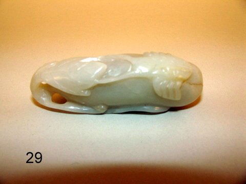 29) ANTIQUE MUTTON FAT CARVED JADE EGG PLANT W/CRAB, : L. 2 1/2", 6.35 CM