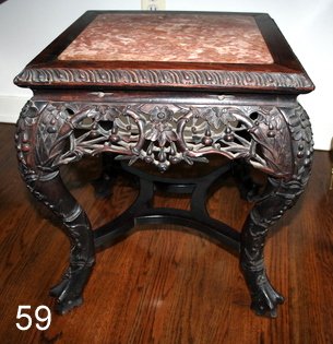 59) EARLY 20C CHINESE TABOURET W/INSET SOAPSTONE TOP,: CARVED APRON & SHAPED STRETCHER, MISSING FEW PIECES OF TOES & CHIP IN APRON,H.18", 17" X 17"