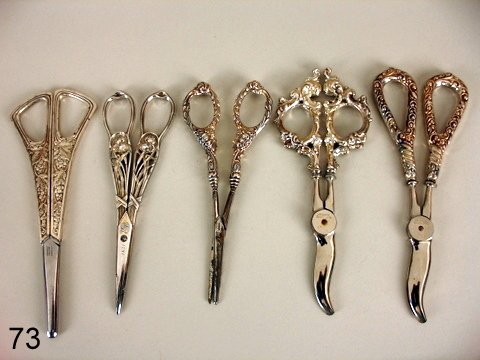 LOT: 4- PAIR STERLING & 1-'950' FRENCH GRAPE SCISSORS,: INCL.: TIFFANY & CO. W/GRAPE MOTIF, L. 7 1/4"; FRENCH '950' ART NOUVEAU W/OPEN WORK HANDLE W/IRIS MOTIF; PLUS 3-PAIR W/C-SCROLL MOTIF;