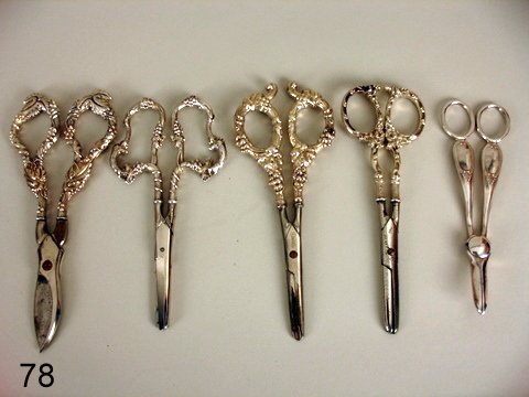 78) LOT: 4- PAIR STERLING SILVER GRAPE SCISSORS, 1-MKD.: MAUSER, 3-W GRAPE & LEAF MOTIFS; 5TH ENG. PLATE