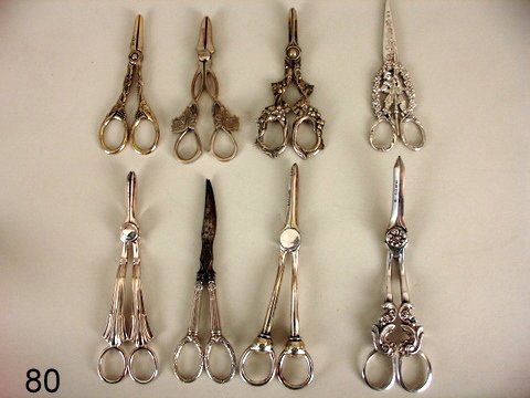 80) LOT: 8 PAIR GRAPE SCISSORS, INCL.: '830' CONTINENT: W/MILITARY FIGURE HOLDING HALBERD; 2-SHEFFIELD PLATE, INCL.: J. PRIME, C. 1839; PLUS 5 PAIR W/ NO MARK