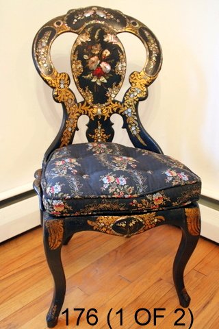 176) PAIR PAPIER MACHE HAIRPIN BACK SIDE CHAIRS, EBONIZ: -ED W/MOP INLAY, W/CANE SEAT & LOOSE CUSHION , 1-W/EXTENSIVE REPAIR TO BACKREST, SH. 14", OH. 31"