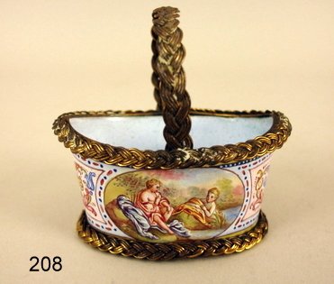 208) 19TH C. ENAMELED & ORMOLU MINIATURE BASKET W/BRAID: H. 2 3/4", L. 2 5/8"