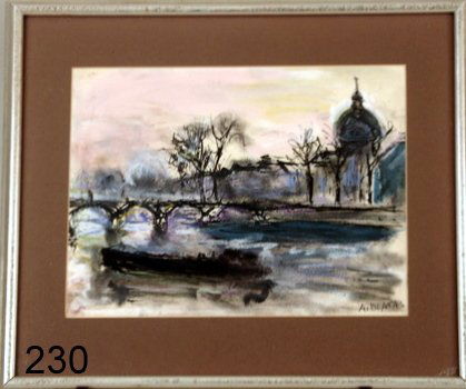 230) ARBIT BLATAS (LITHUANIAN, 1908-1999) MIXED MEDIA, : RIVERLANDSCAPE W/BOAT, BRIDGE, ETC., 9 X 12" (SIGHT)
