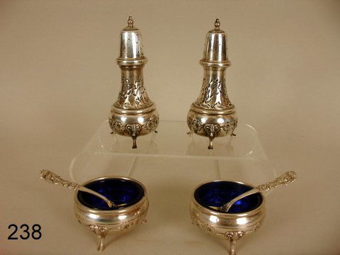 238) PR. BALDWIN & MILLER STERLING GEORGIAN STYLE, : OPEM SALTS W/COBALT LINERS, HAND CHASED, PLUS PR. OF MATCHING SALT & PEPPER SHAKERS AND 2 REED & BARTON SALT SPOONS W/GILDED BOWLS, TOTAL SILVER WEIGHT 10 TOZ