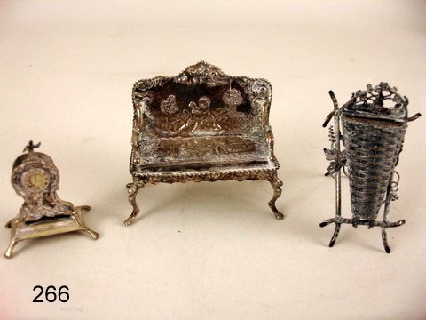 266) 3-'800' SILVER MINIATURES: SETTEE, L. 3", H. 2 1/2: MANTLE CLOCK, H. 2"; GRAPE GATHERING BASKET W/GRAPES ON EASEL BACK FRAME, H. 2 1/4";