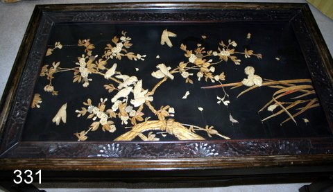 L. 19TH/E.20TH C. CHINESE LOW TABLE W/CARVED IVORY &: HARDSTONE TOP, SHOWING BIRDS AMONGST FLOWERING BRANCHES, UNDER GLASS, MOUNTED ON SQ. LEG W/HOOF FOOT, H. 17", W. 26", L. 42 1/2"