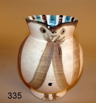 PABLO PICASSO PAINTED & GLAZEDTERRE DE FAIENCE PITCHER: "PETIT CHOUETTE", MKD. MADOURA PLEIN FEU AND D'APRES PICASSO, H. 5", COND.: SM FLAKE ON SPOUT & 2-SM. CHIPS ON FOOT