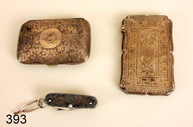 393) 3-PC. SILVER OBJET D' ART LOT: LADY'S PURSE, : BIRMINGHAM, 1876-77; CARD CASE, C. 1913-14 & STERLING SILVER POCKET KNIFE W/4-BLADES & SCISSORS